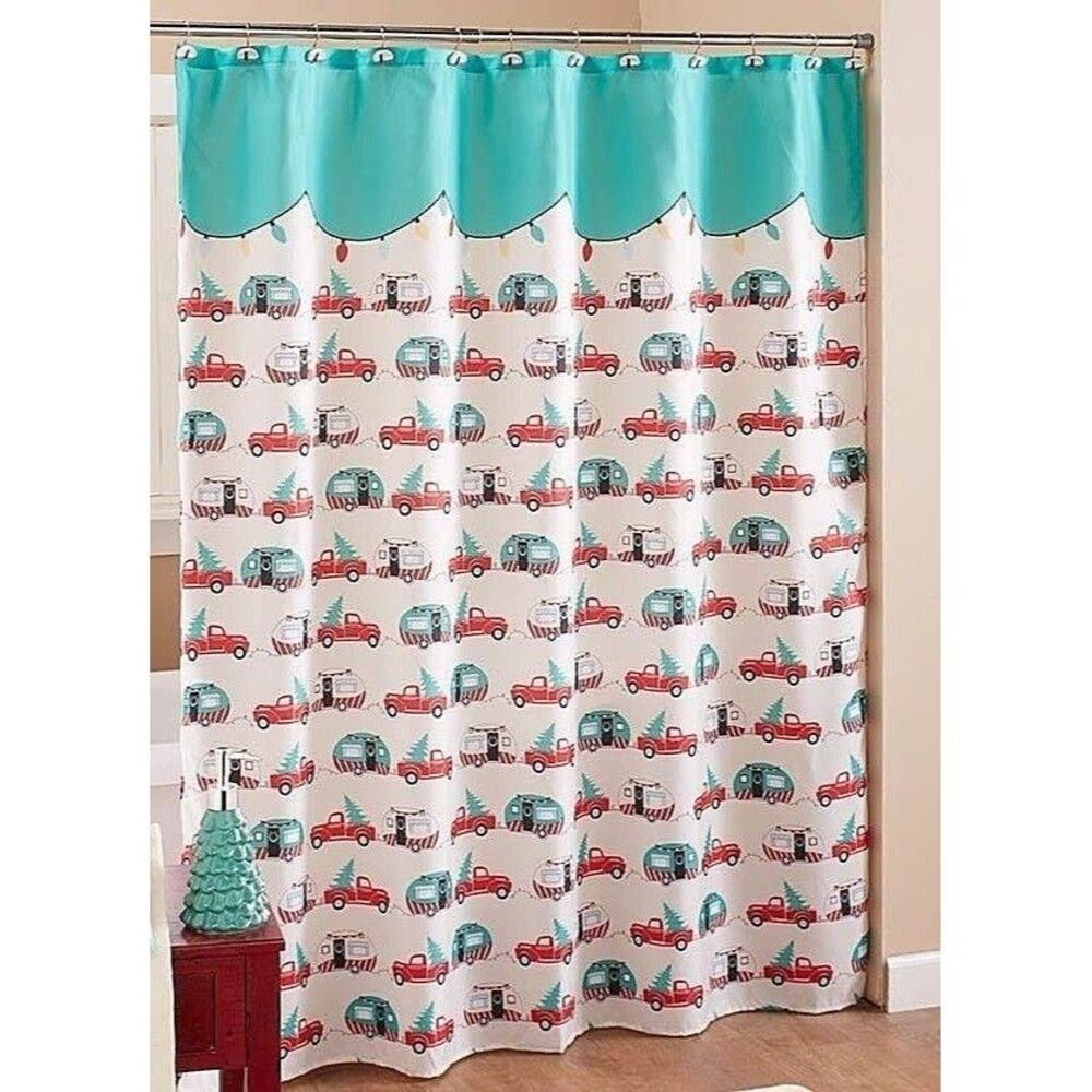 Holiday Retro Blue Camper Red Truck Shower Curtain Polyester Bath Gift NEW